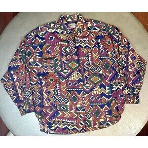 Vtg 90s At Last Basics Southwestern Shirt M Shoulder Pads Cotton Geometric Aztec